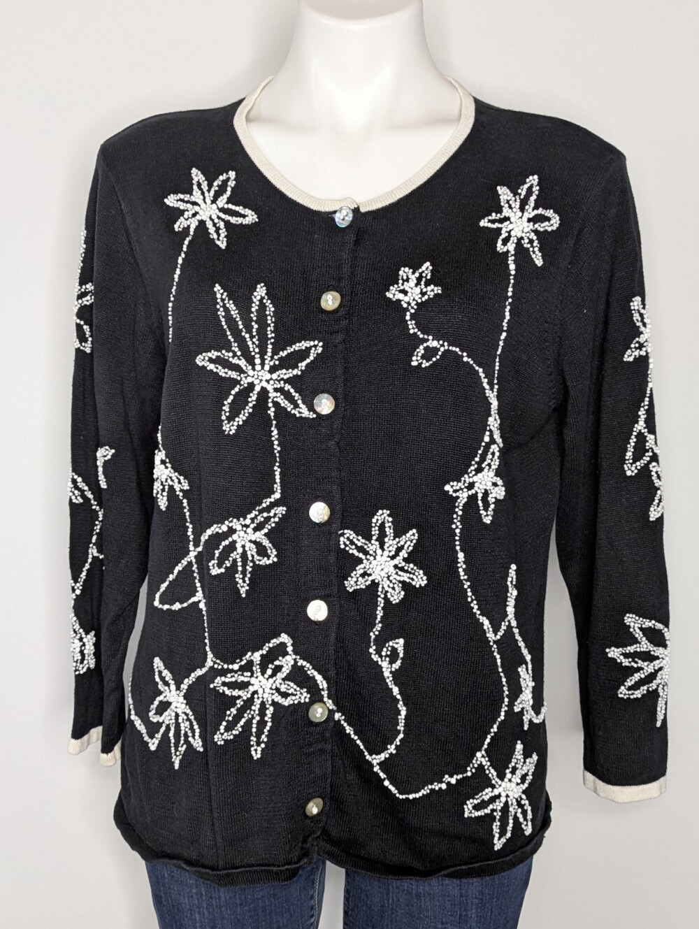 Vintage Susan Bristol Black White Floral Beaded Button Up Cardigan Sweater XL